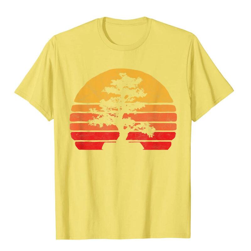 الرجعية الشمس الحد الأدنى بونساي شجرة تصميم الجرافيك تي شيرت تي شيرت كامل اللياقة البدنية الكلاسيكية القطن الرجال تيز الصيف