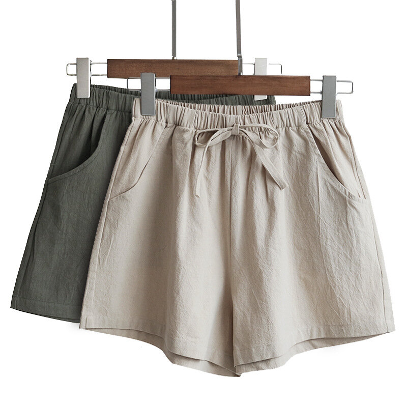 Pantalones cortos de lino y algodón para mujer, minipantalón básico de cintura alta, a la moda, talla grande, Verano