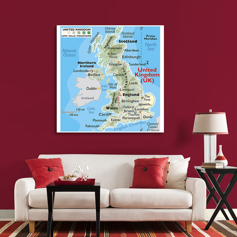 Карта местности Соединенного Королевства, виниловая Картина на холсте, Большой Настенный постер, украшение для дома, школьные принадлежности, 150*150 см