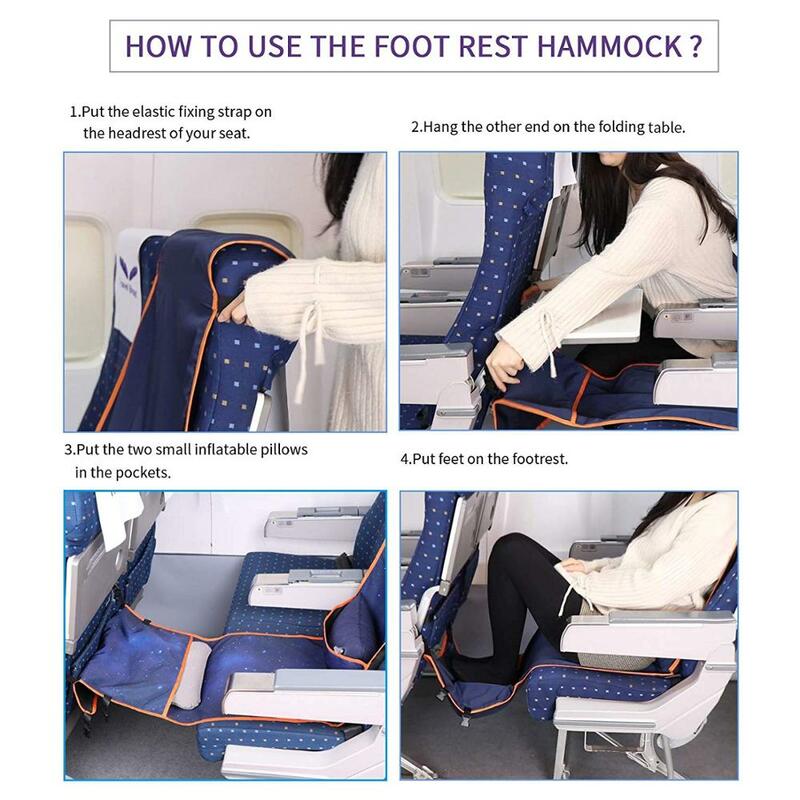 Hamaca con reposapiés ajustable, funda de asiento de almohada inflable para aviones, trenes, autobuses