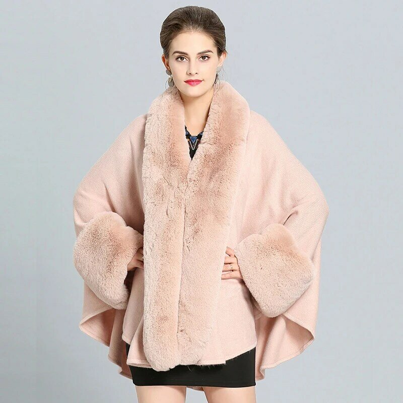 Grande bom faux rex coelho casaco de gola de pele capa moda solta manga morcego malha macia casaco feminino inverno vestido de festa manto