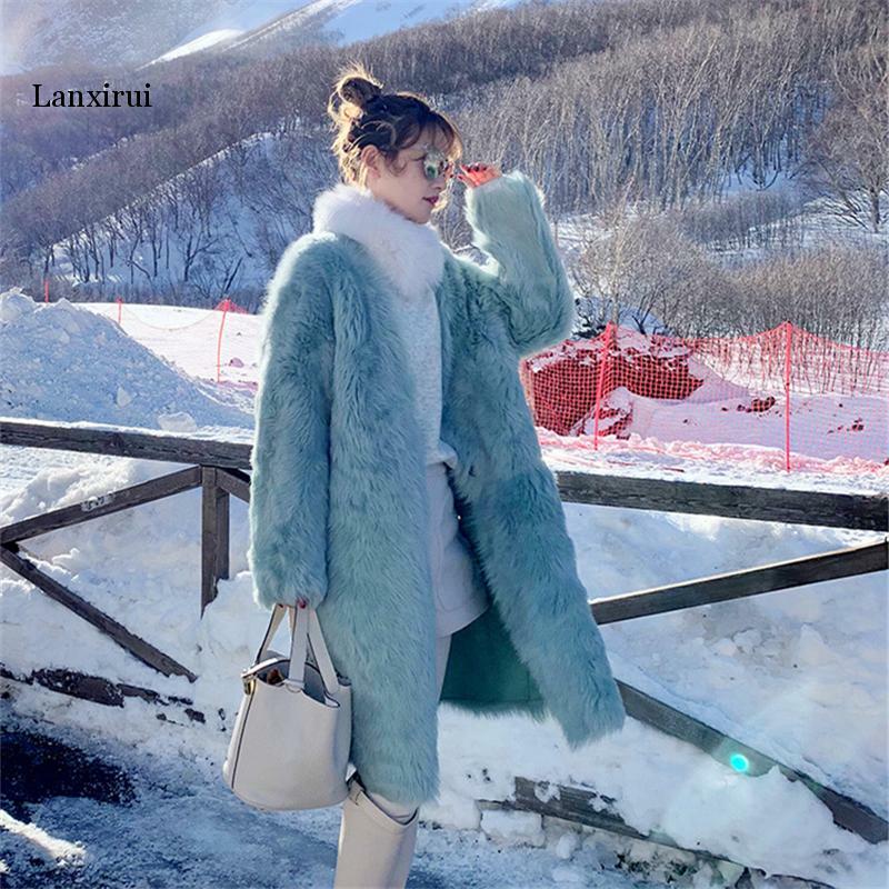 Zima nowe futro z norek kobiet wysokiej jakości długa luźna pluszowa futro kobieta ciepłe futro lisa trawa płaszcz