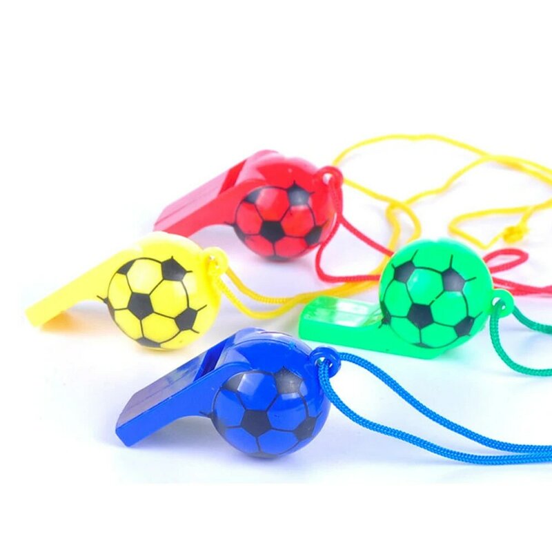 5Pcs Mini นกหวีดพลาสติกมัลติฟังก์ชั่กับเชือกเด็กฟุตบอลฟุตบอลรักบี้เชียร์ลีดเดอร์นกหวีดเด็กของขวัญสีสุ่ม
