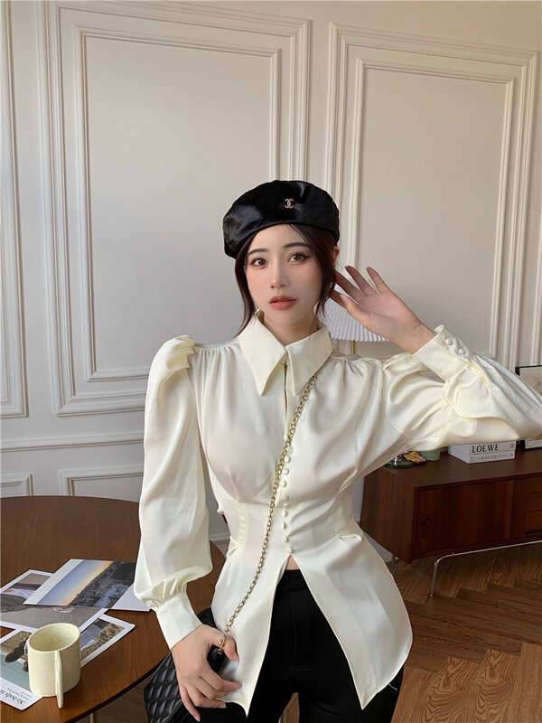 Casual chiffon blusa e topos feminino 2022 outono design de moda elegante puff manga camisas senhoras arco francês estilo coreano