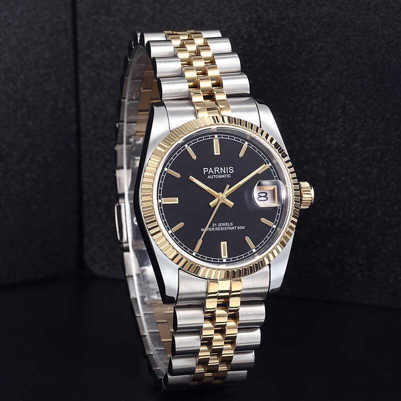 Casual Parnis 36mm Black Dial Mechanical Watches Stainless Steel Bracelet Gold Scale Automatic Watch Men reloj para hombre 2023