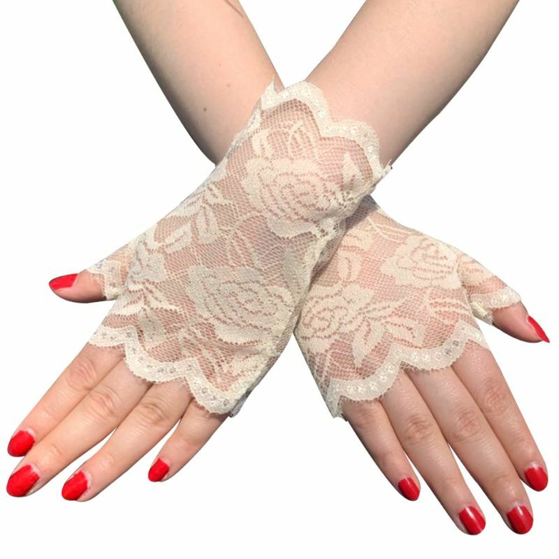 Women Short Lace Fingerless Gloves Sunblock Bridal Wrist Floral Mittens Opera Evening Wedding Tea Party Cosplay Mittens