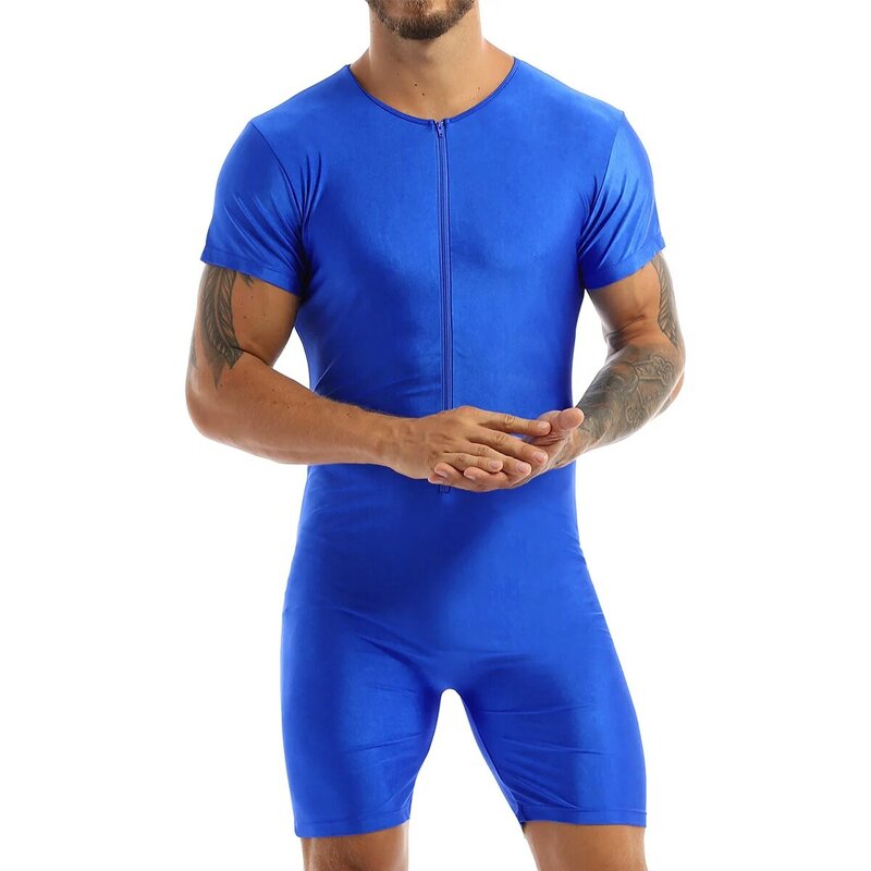Mens Pajamas Undershirts One-piece Leotard Jumpsuit Male Short Sleeve Front Zipper Elastic Soft Boxer Briefs Bodysuit Swimwear