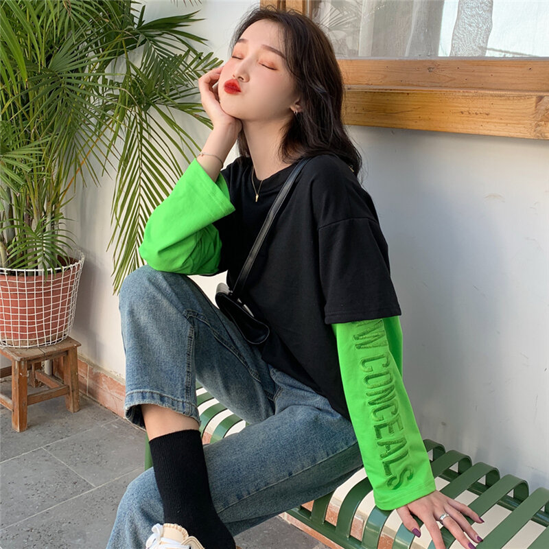 Patchwork Letter Embroideried T-shirts Women Long Sleeve Casual Basic Tops Autumn Vintage Plus Size Ulzzang Tshirts Female 2019