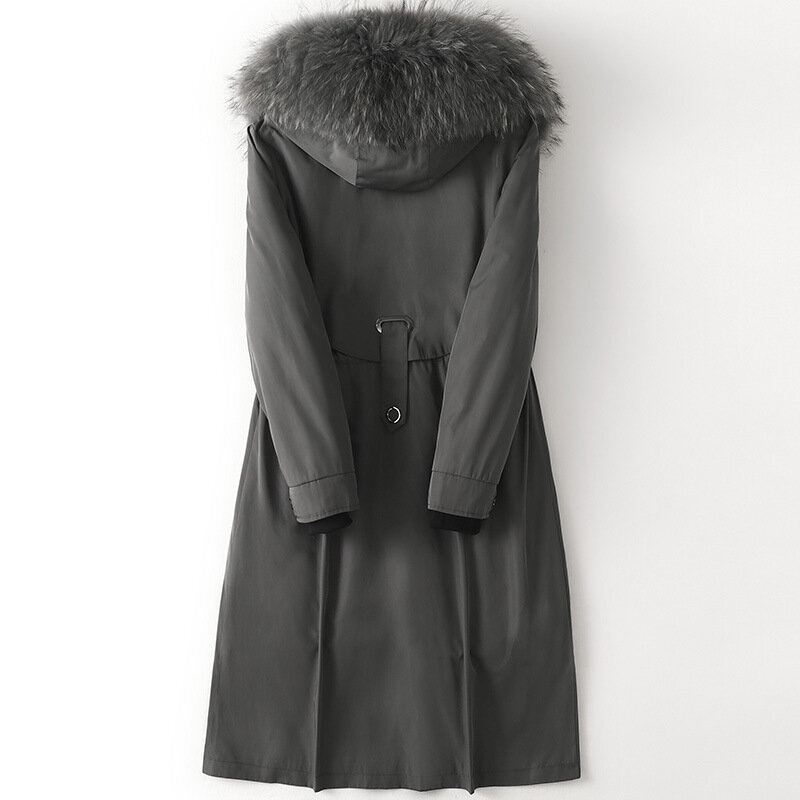 女性のためのキツネの毛皮の襟付きのフード付きオーバーコート,本物のウサギの裏地付きのパーカコート,長い黒の自然な冬のジャケット,豪華な女性のオーバーコート