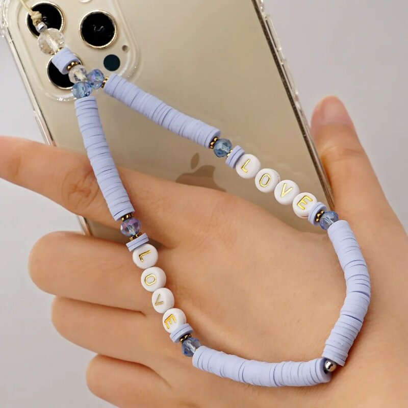 Pulseira de telefone móvel de argila de polímero boêmio minimalista para mulheres arco-íris carta contas amor cinto de corrente telefone jóias cordão novo