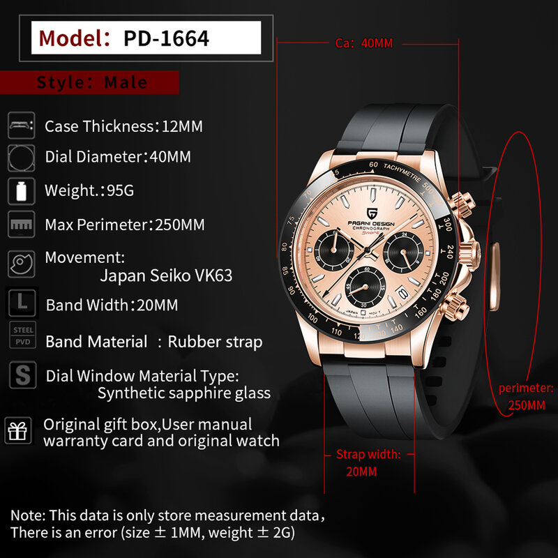 Reloj Pagani con cronógrafo de diseño para hombre, reloj de cuarzo dorado rosa para hombre, 100M, reloj deportivo resistente al agua para hombre, reloj de zafiro Masculino