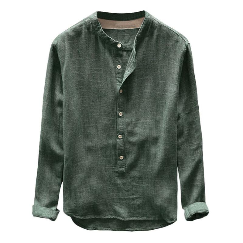 Fashion Mens Autumn Winter Button Casual Linen and Cotton Long Sleeve Top Blouse