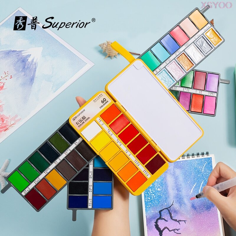 Superior 36/48/60 Colors Watercolor Paint Set Foldable Pigment Paint With Water Brush Pen Travel Water Color Artist Art Supplies