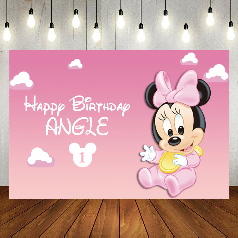 Disney Minnie Mouse การถ่ายภาพฉากหลัง Minnie 1st วันเกิดพื้นหลังเด็กสาวสีชมพูตกแต่งสำหรับ Baby Shower Party Supplies