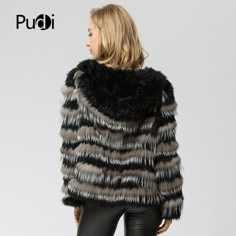 CR050 The New Real Fur Coat Knit Knitted Real Rabbit & Silver Fox Fur Coat Jacket Overcoat Women's Fashion Winter Warm With Hood