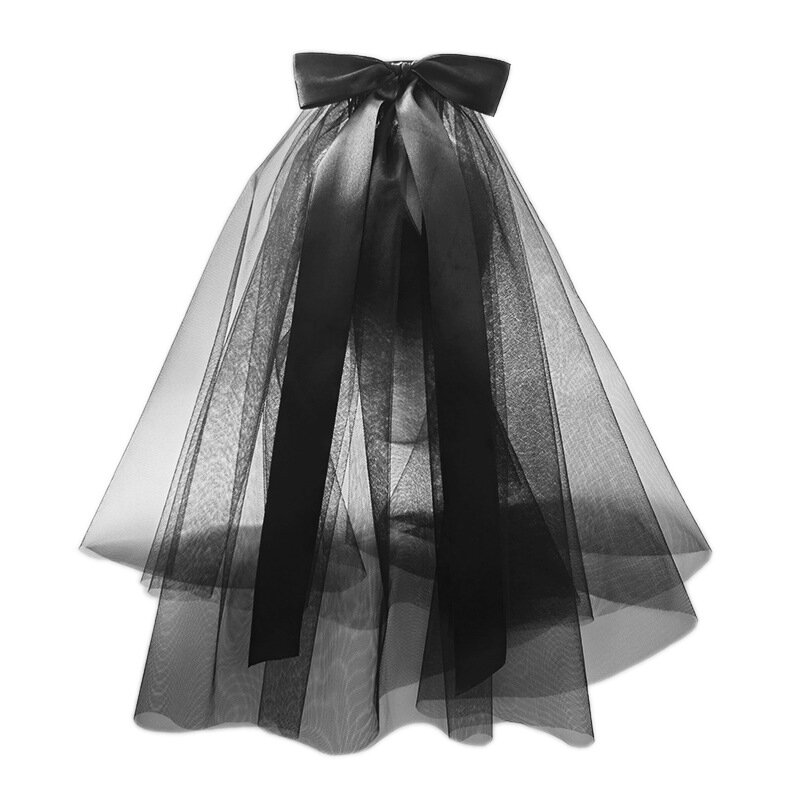 Black Ribbon Bridal Veil Women Accessories Tulle Halloween Cosplay Two Layers Veils With Combs Costume