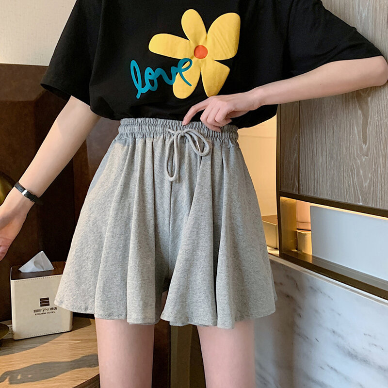 ZuoLunOuBa 2021 Summer Casual Elastic Waist Drawstring Women Short Simple Solid Color Personality Culottes Female New Style
