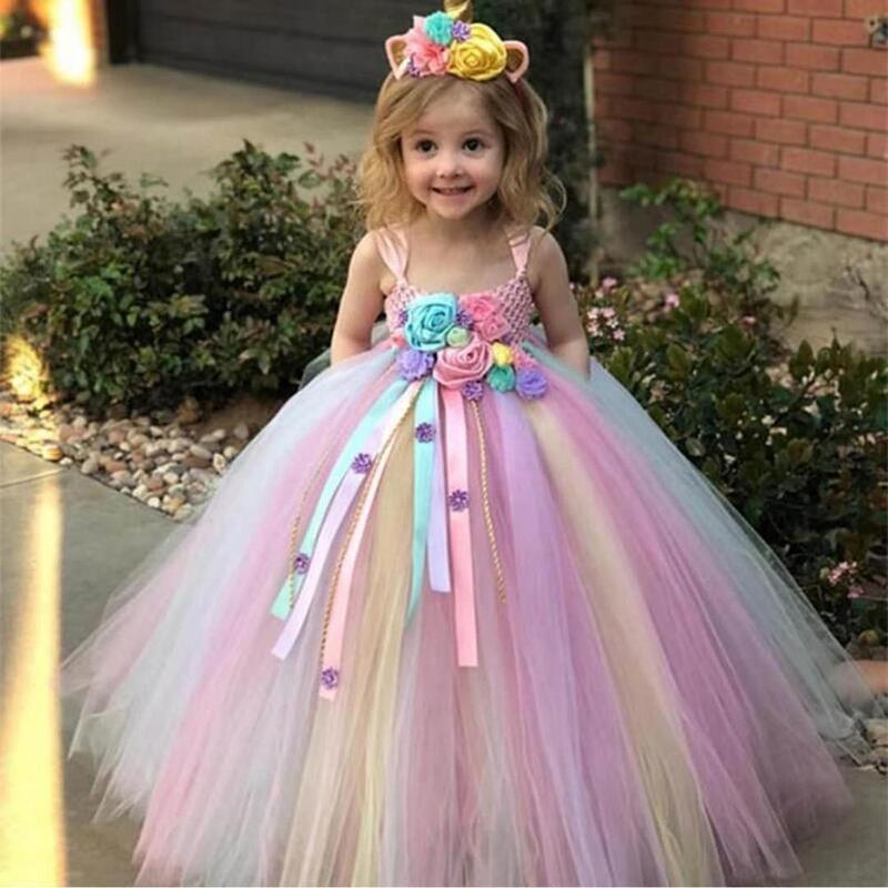 Bella ragazza vestito lungo Unicorn fascia dei capelli del fiore del vestito della principessa, vestito da festa di compleanno, vestito da sera