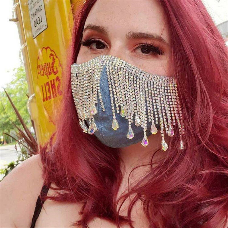 Washable Crystals Tassle Face Mask for Women, Face Cover, Jewelry, Novelty, Night Club, Party, Decorative
