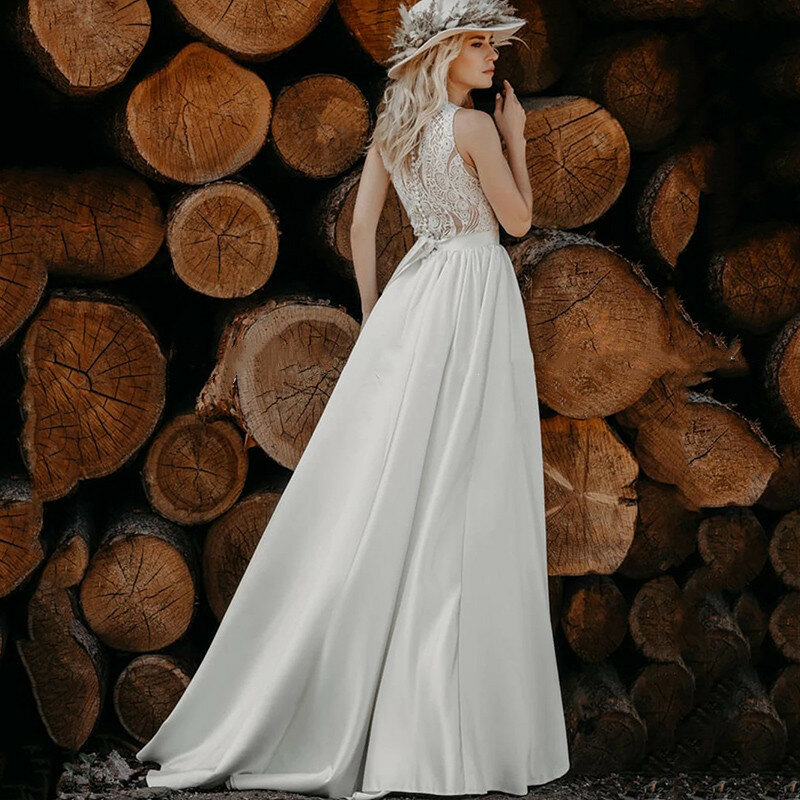 Свадебное платье в стиле бохо с лямкой на шее, кружевные тюлевые пляжные свадебные платья 2024, богемное винтажное платье без рукавов в стиле кантри, женское платье