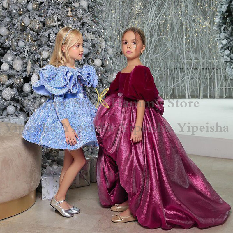 Gaun Anak Perempuan Bunga Lucu Gaun Pesta Anak Manik-manik Glitter untuk Ulang Tahun Gaun Pesta Komuni Pertama Kontes Mini Puff Lengan Panjang