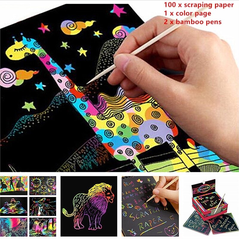 100Pcs/set Mini Magie Farbe Regenbogen Scratch Papier Schwarz DIY Zeichnung Spielzeug Malerei Buch Für Kinder Mode Scratch papier Liefert