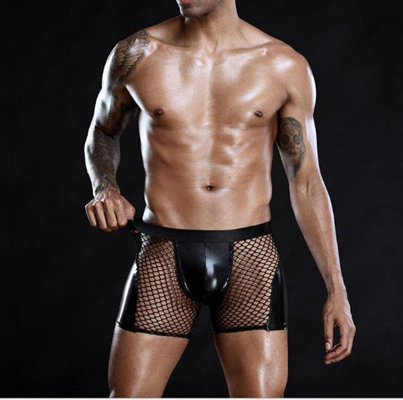 Mens Patent leather Sexy Black Breathable Boxer Underwear Gay Lingerie Mesh Transparent Underpants