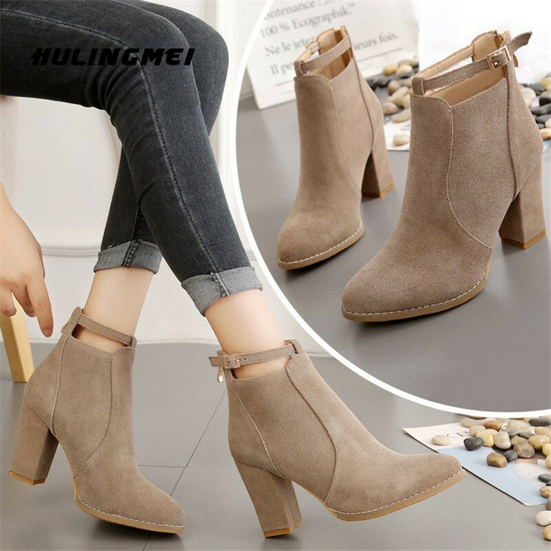 2020 New Woman's Ankle Boots Spring Women High Hoof Heels Nubuck Zip Shoes Female Pointed Toe Metal Decoration Botas