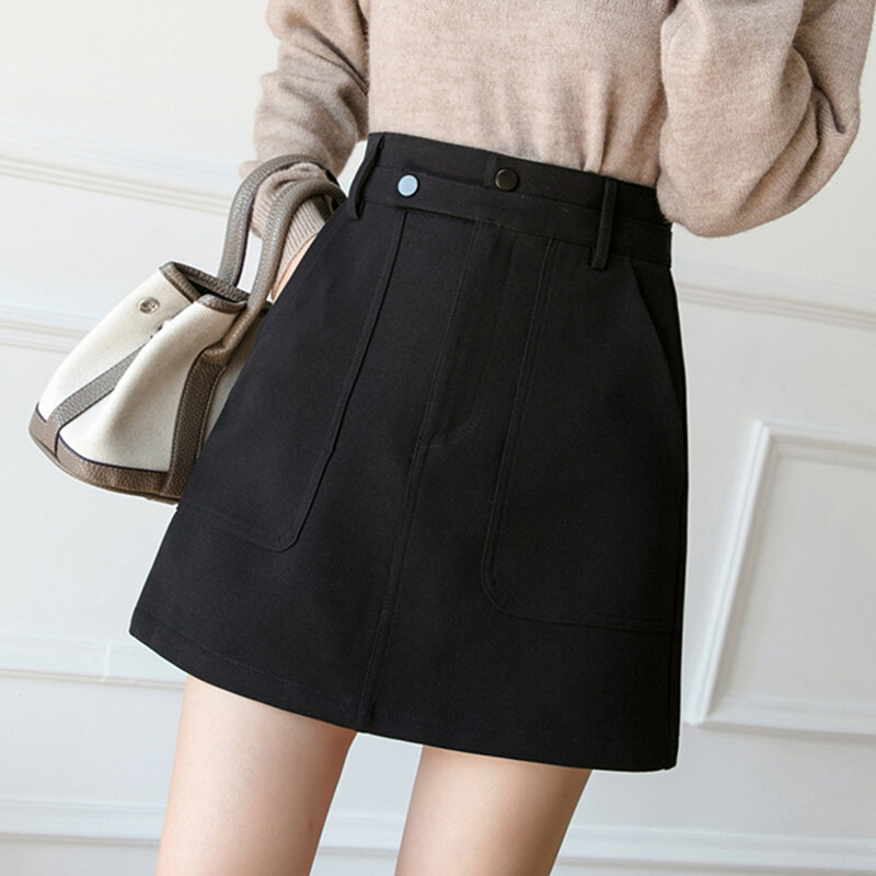 Women Korean Mini Skirts Lady Autumn Winter Fashion Japan High Waist A-Line Button Pockets Solid Skirt Female Casual Streetwear