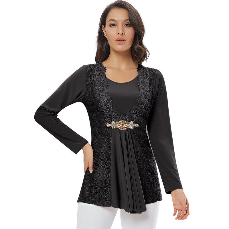 Женская винтажная блузка YTL с длинным рукавом, шикарные кружевные топы со стразами, повседневные стильные элегантные Разноцветные Женские Лоскутные рубашки H025