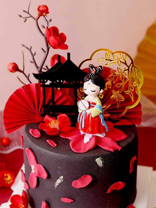 中国の女の子のためのレトロなケーキデコレーション,赤い漢服,花の誕生日パーティーの装飾,祝福のベーキング用品,デザート