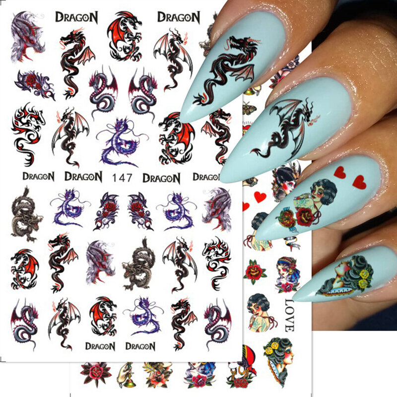 Auto-adesivo chinês Slider Nail Stickers, unhas decoração de arte, 3D, dragão preto, cobra, estilo gótico