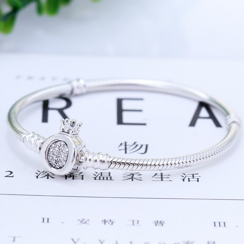 Real 925 prata esterlina encantos pulseiras ajuste pan momentos coroa o fecho cobra corrente pulseira & pulseira