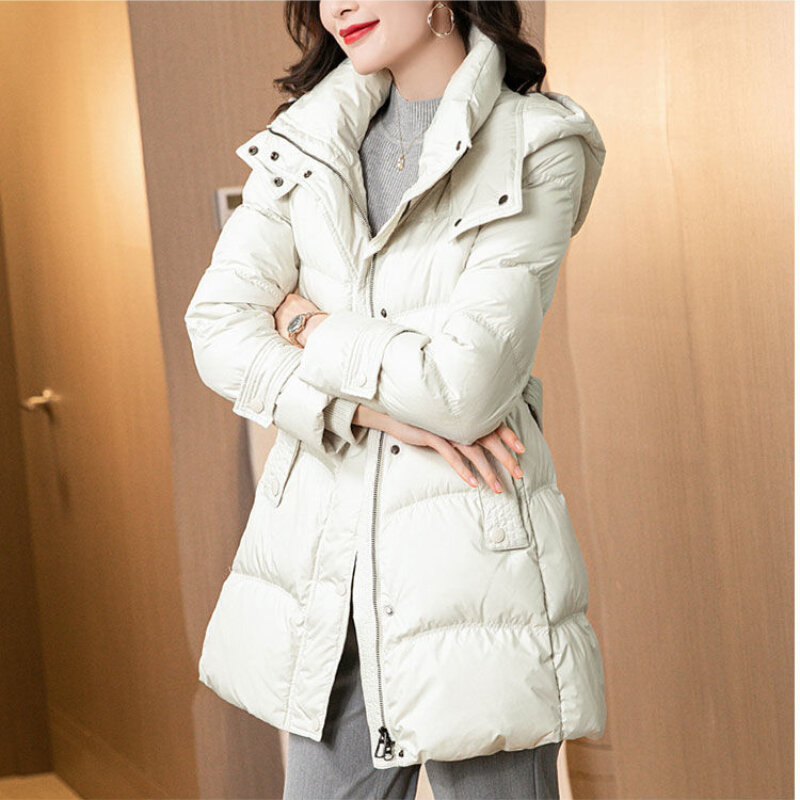 High-end Women's Winter White Duck Down Jacket 2021 New Women's Mid-length Fashion Slim Waist Chic Korean Harajuku Jacket A5698