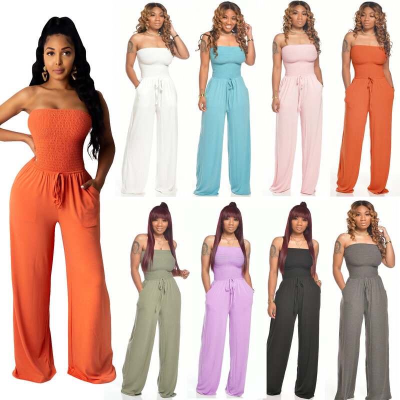Woman Fashion Jumpsuits 2020 Summer New Breathable Ladies Solid Casual Loose Off Shoulder Backless Wide Leg Jumpsuit Romer Pants