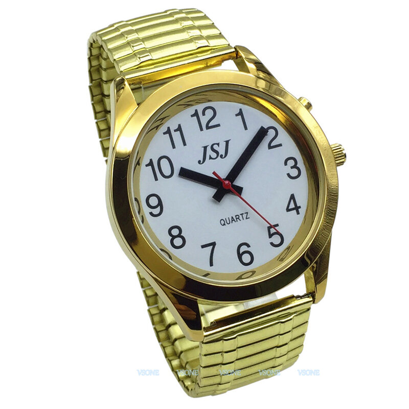Relógio falante em inglês com alarme, data e tempo de conversa, mostrador branco, etiqueta de pulseira de expansão-702