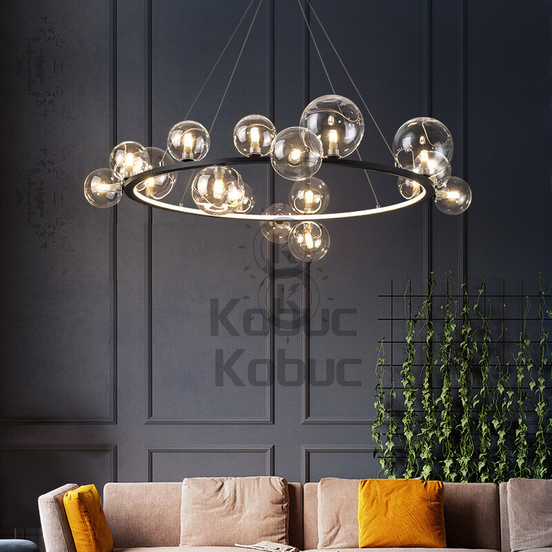 Kobucal-luces LED colgantes de burbuja de cristal transparente/blanco, iluminación de araña de anillo redondo de oro/Cromo/negro para sala de estar y dormitorio