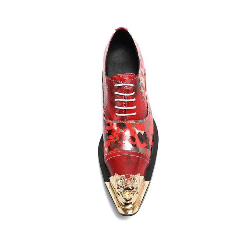 Mens British Style Pointed Toe Patent Leather Red Lace-up Leather Shoes Printed Dress Wedding Shoes Large Size 37-46