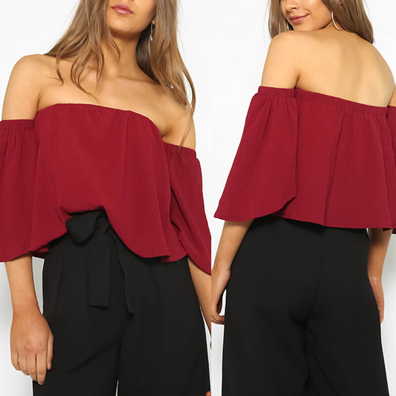 New Fashion Women shirts Sexy Solid Color Short Sleeve Flare sleeve Off Shoulder Ruffled Hem Crop Top shirts Cropped Blouse