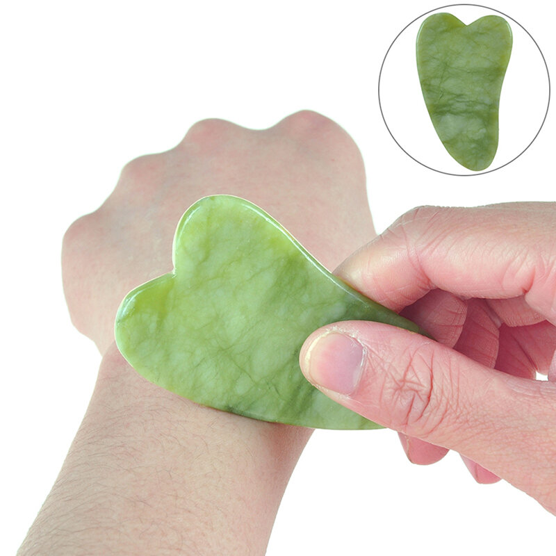 Kit para massagem gua sha com pedra de jade natural, 2 em 1, acessório com dois rolinhos para massagear e raspar rosto, pescoço, costas e mandíbula