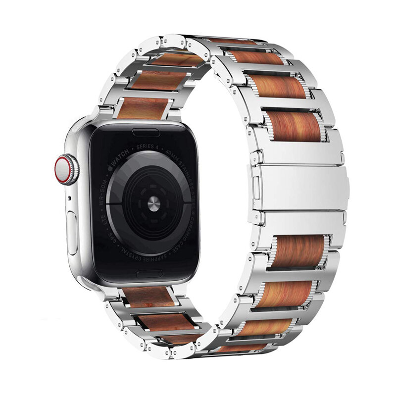 Pasek na pasek do Apple Watch 44mm 42mm 40mm 38mm drewniane i ogniwo ze stali nierdzewnej bransoletka dla zespołu iWatch Apple 6/5/4/3/2/1 opaska na nadgarstek