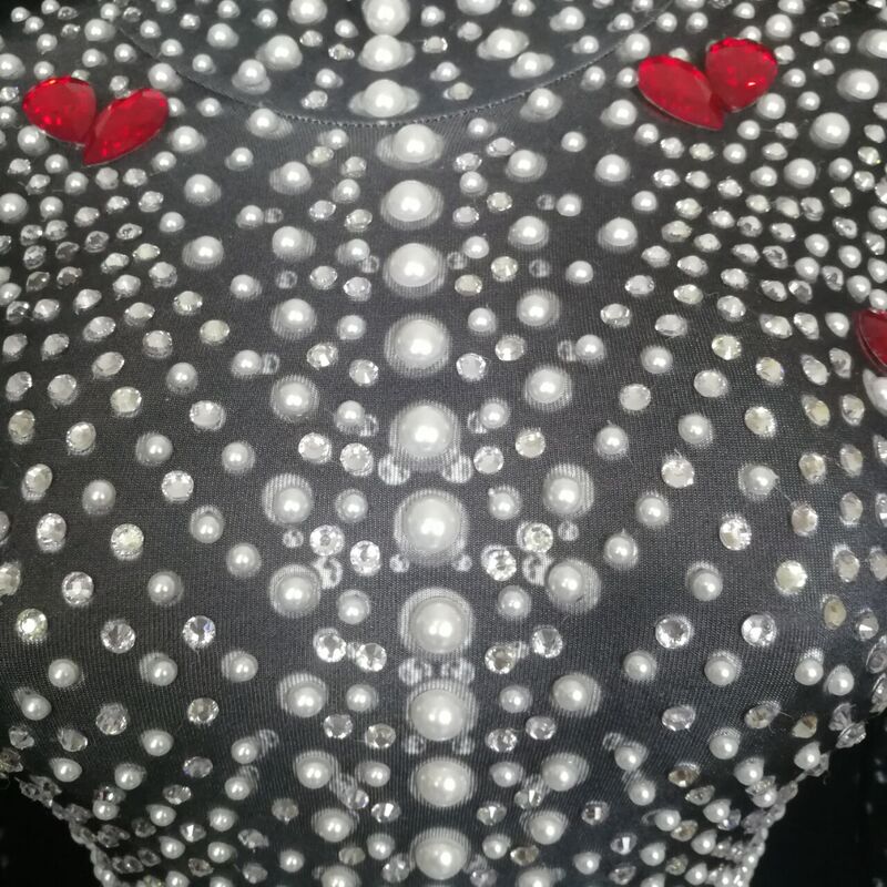 Jumpsuit Mutiara Berlian Imitasi Penuh Mewah Spandeks Lengan Panjang Skinny Leotard Pakaian Panggung Penyanyi Wanita Pesta Ulang Tahun Prom Kristal Ketat