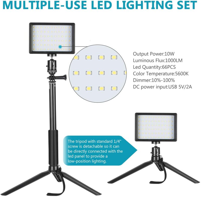 2 Packs Dimmable 5600K USB LED Video Light with Adjustable Tripod Stand and Color Filters For Live Streaming