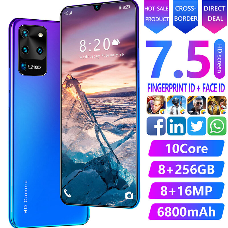 7.5 inch Galay S20 network 8GB RAM 256GB ROM Octa Core 4 Camera Snapdragon 855 smart phone With phone case Mobile Phones S20U