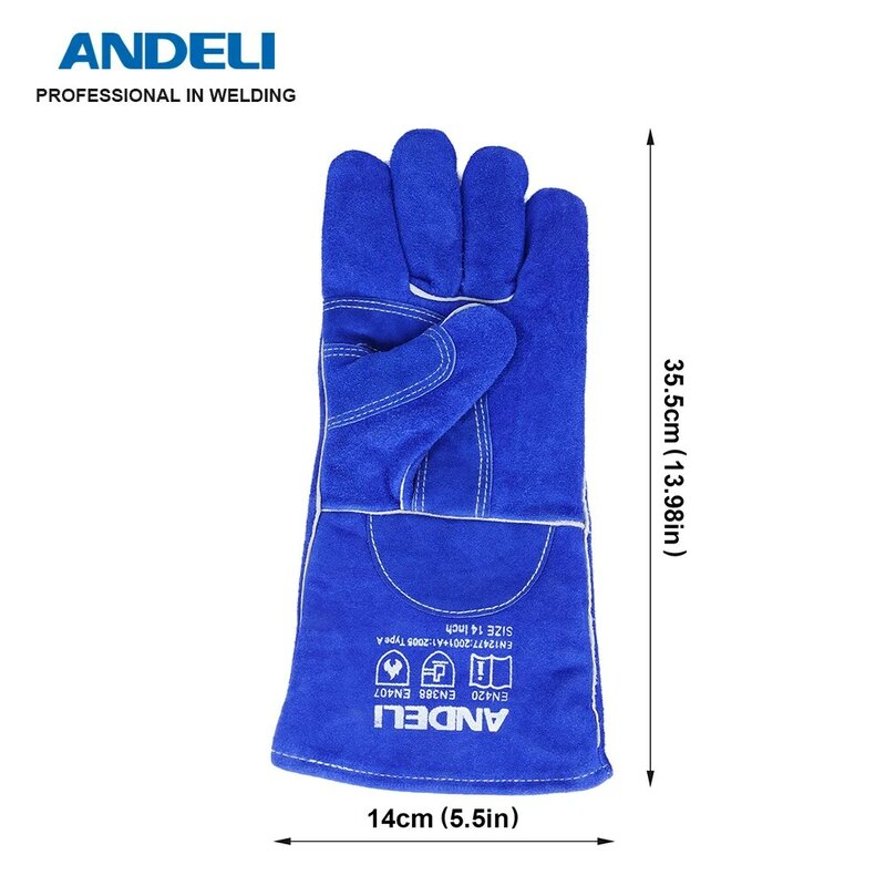 ANDELI-guantes de soldadura MIG TIG ARC CUT, guantes de trabajo resistentes al calor/fuego, guantes de seguridad para barbacoa/manipulación de animales, color azul