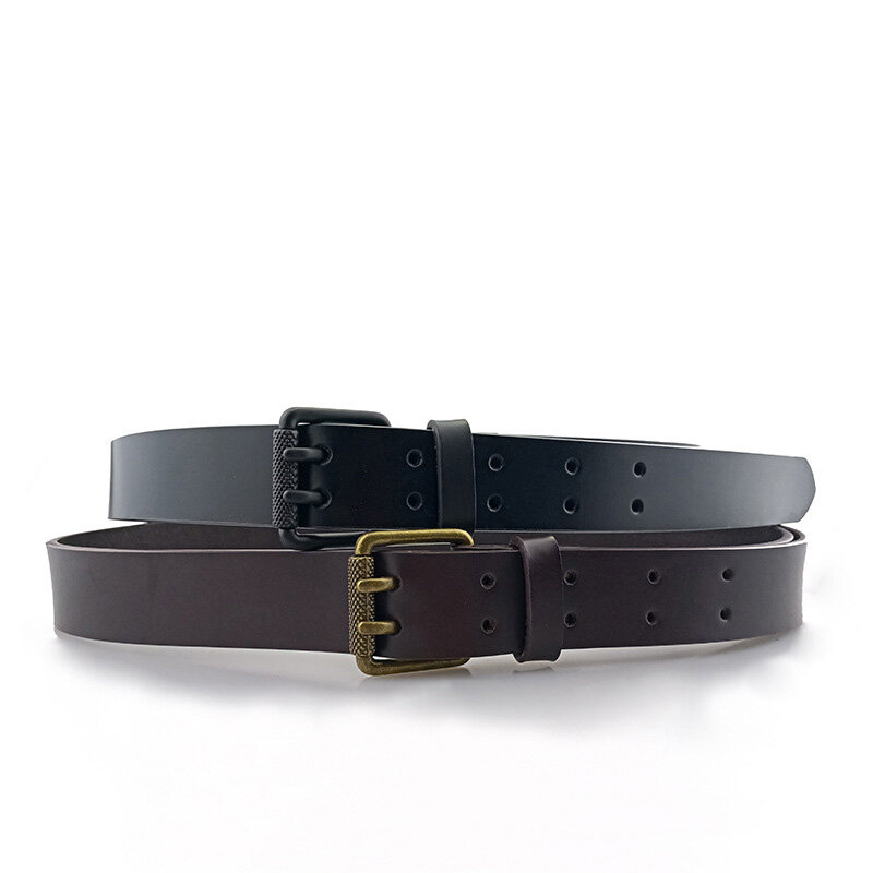 Maikun Vintage Second-Layer Leather Belt Copper Double Pin Buckle Casual Simple Belt