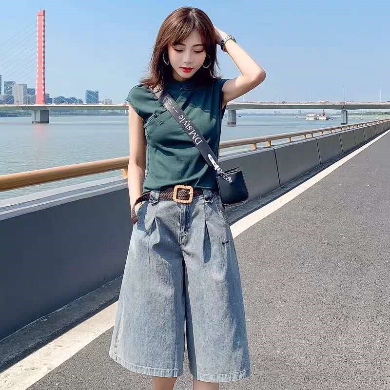Celana pendek Denim kaki lebar wanita, celana pendek jeans gaya Korea musim panas untuk perempuan