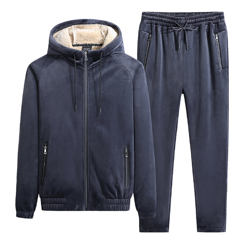 New Male Zipper Hooded Sportswear Suit oversize 9XL uomo 2 pezzi Set tute in pile inverno addensare felpa con cappuccio pantaloni della tuta Set