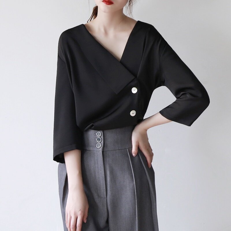 Женские блузки 2019, корейская мода, офисная одежда, дизайнерские топы, рукав три четверти, Женская туника, черная, боковая пуговица, рубашка DD2332