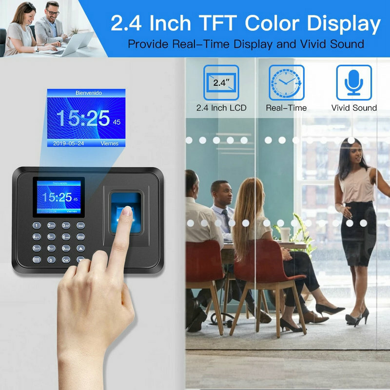 Sistema de Control de grabadora de tiempo y pantalla TFT LCD biométrico USB, sistema de asistencia de huellas dactilares a Color de 2,4 pulgadas para la oficina del empleado